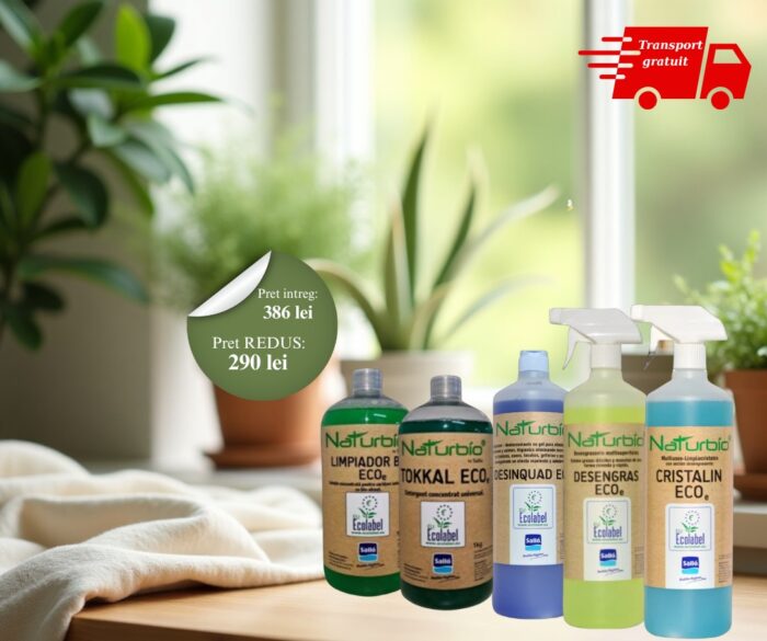 Pachetul Eco Total conține 5 soluții ecologice esențiale potrivite pentru toată casa ta, cu formule concentrate, biodegradabile.