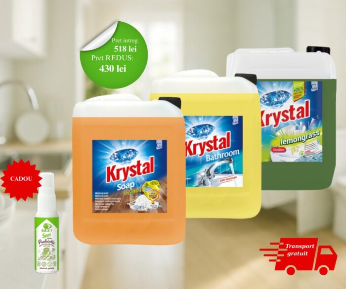 Pachetul Kristal îți oferă tot ce ai nevoie pentru o curățenie completă, eficientă și plăcut parfumată – cu un bonus natural pentru provocările zilnice.